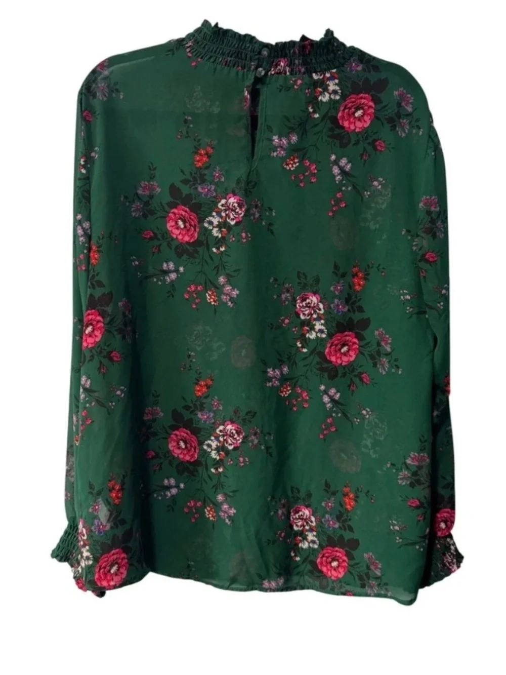 Torrid Smocked Mock Neck Chiffon Blouse Green Floral - FITS LIKE SIZE 0 - Picture 2 of 5